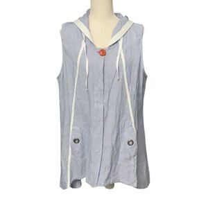 For Cynthia Blue White Striped Hooded Linen Blend Shirt Snap Closure Size XL